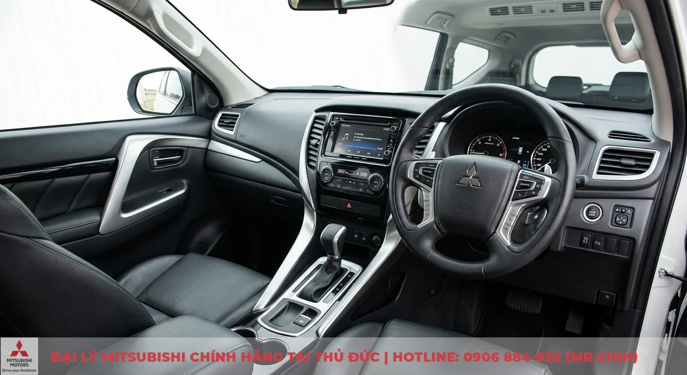 So sánh Ford Everest và Mitsubishi Pajero Sport: Chọn xe nào phù hợp? 2 Nội thất thực dụng, khoa học của Mitsubishi Pajero Sport 2018 với màn hình cảm ứng, cần số và ghế bọc da