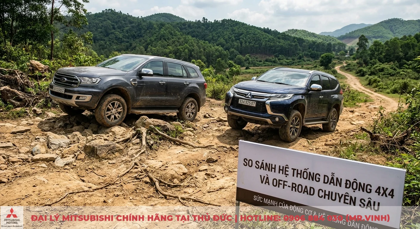 So sánh Ford Everest và Mitsubishi Pajero Sport: Đánh giá chi tiết 2 So sánh khả năng off-road của Ford Everest và Mitsubishi Pajero Sport với hệ thống dẫn động 4x4 trên đường đá gồ ghề