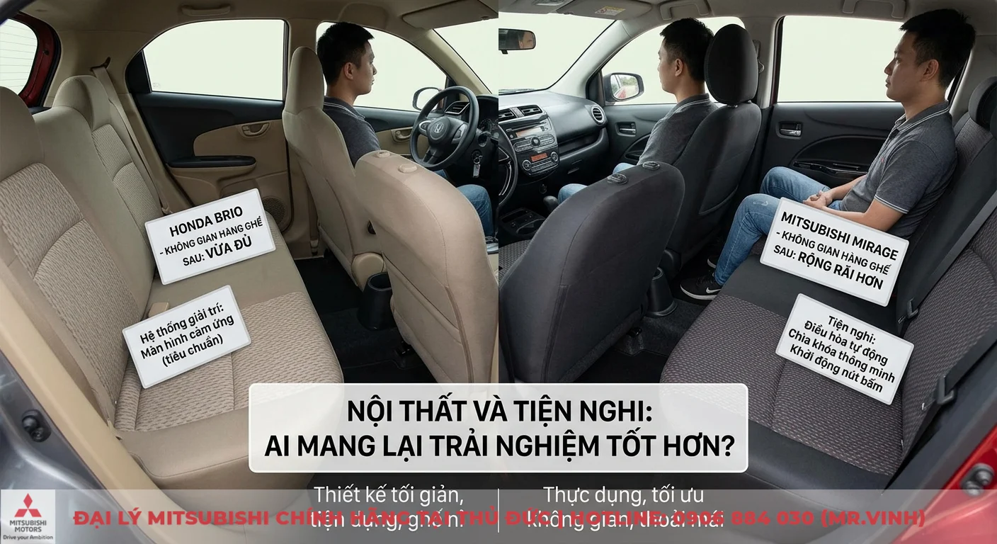 So sánh Honda Brio và Mitsubishi Mirage: Đánh giá chi tiết 2 Nội thất và tiện nghi so sánh Honda Brio và Mitsubishi Mirage, với Mirage có không gian rộng rãi, trang bị điều hòa tự động, khởi động nút bấm