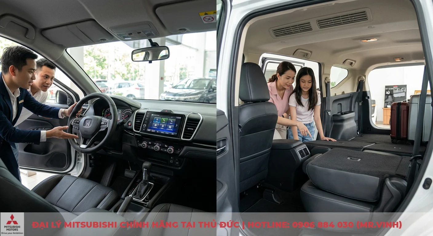 So sánh Honda City và Mitsubishi Xpander: Đánh giá chuyên sâu 2 Nội thất ô tô tiện nghi, không gian: City tập trung vô lăng, màn hình; Xpander ưu thế hàng ghế gập, khoang hành lý rộng