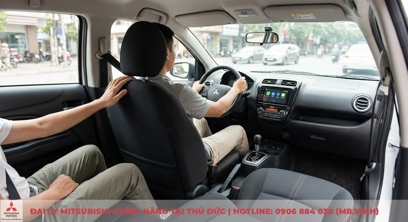 So sánh Mitsubishi Attrage và Kia Rio: Đánh giá chi tiết ưu nhược điểm 2 Nội thất xe Attrage tối ưu không gian rộng rãi cho cả người lái và hành khách phía sau, tích hợp màn hình giải trí