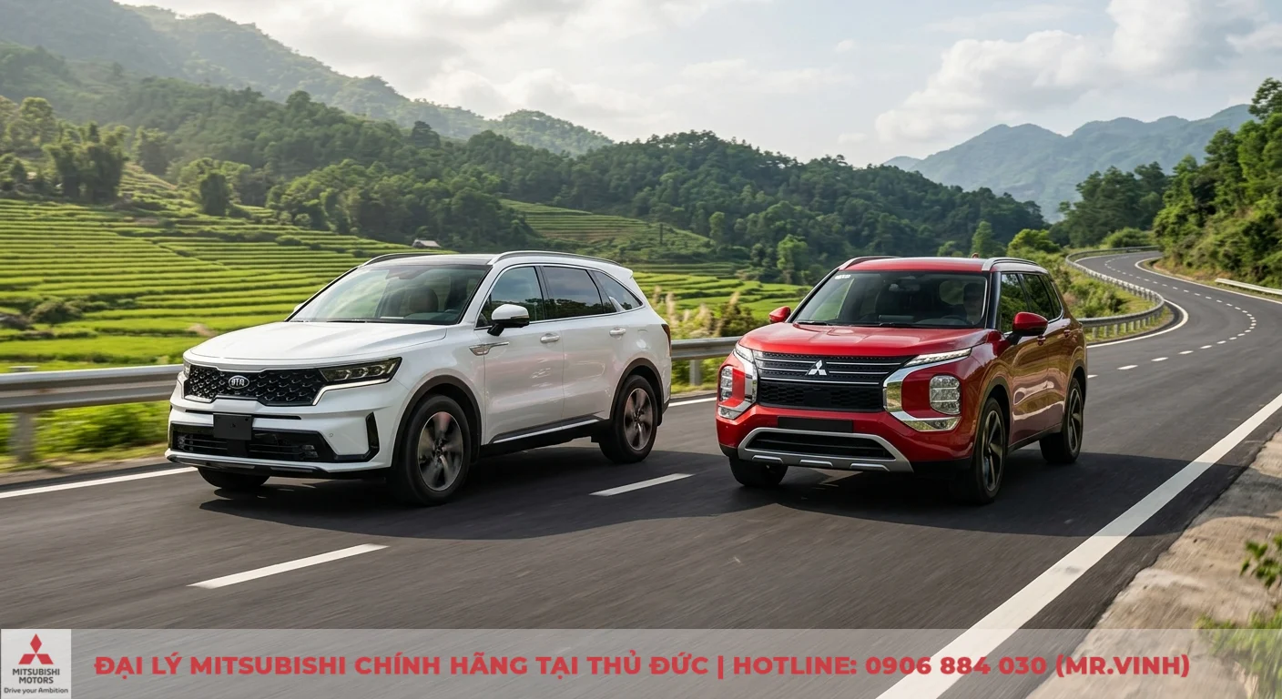 So sánh Kia Sorento và Mitsubishi Outlander: Nên chọn xe nào? 2 So sánh động cơ và khả năng vận hành linh hoạt của Kia Sorento trắng và Mitsubishi Outlander đỏ trên đường đèo