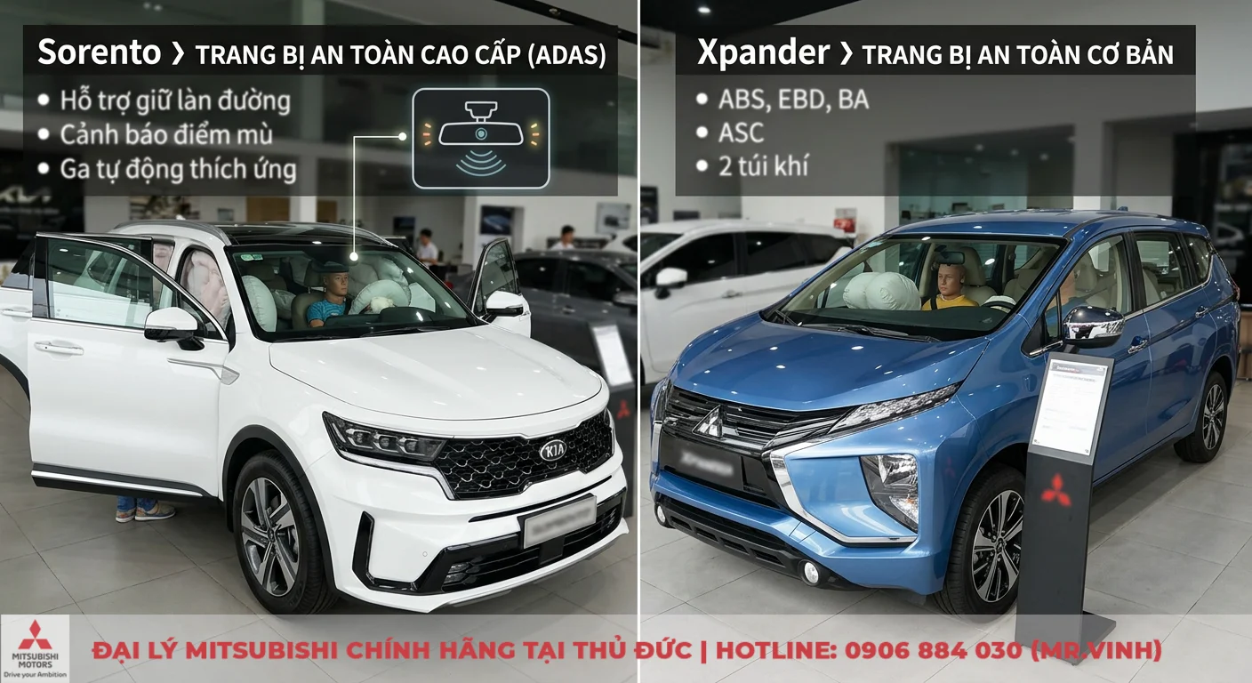 So sánh Kia Sorento và Mitsubishi Xpander: Nên chọn xe nào cho gia đình? 2 So sánh trang bị an toàn Kia Sorento và Mitsubishi Xpander: Sorento có ADAS cao cấp, Xpander với an toàn cơ bản và túi khí