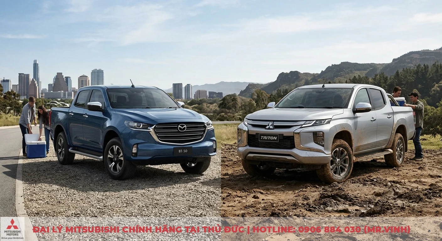 So sánh Mazda BT-50 và Mitsubishi Triton: Nên chọn bán tải nào? 1 Mazda BT-50 tinh tế cho đô thị bên cạnh Mitsubishi Triton mạnh mẽ trên đường địa hình bùn lầy