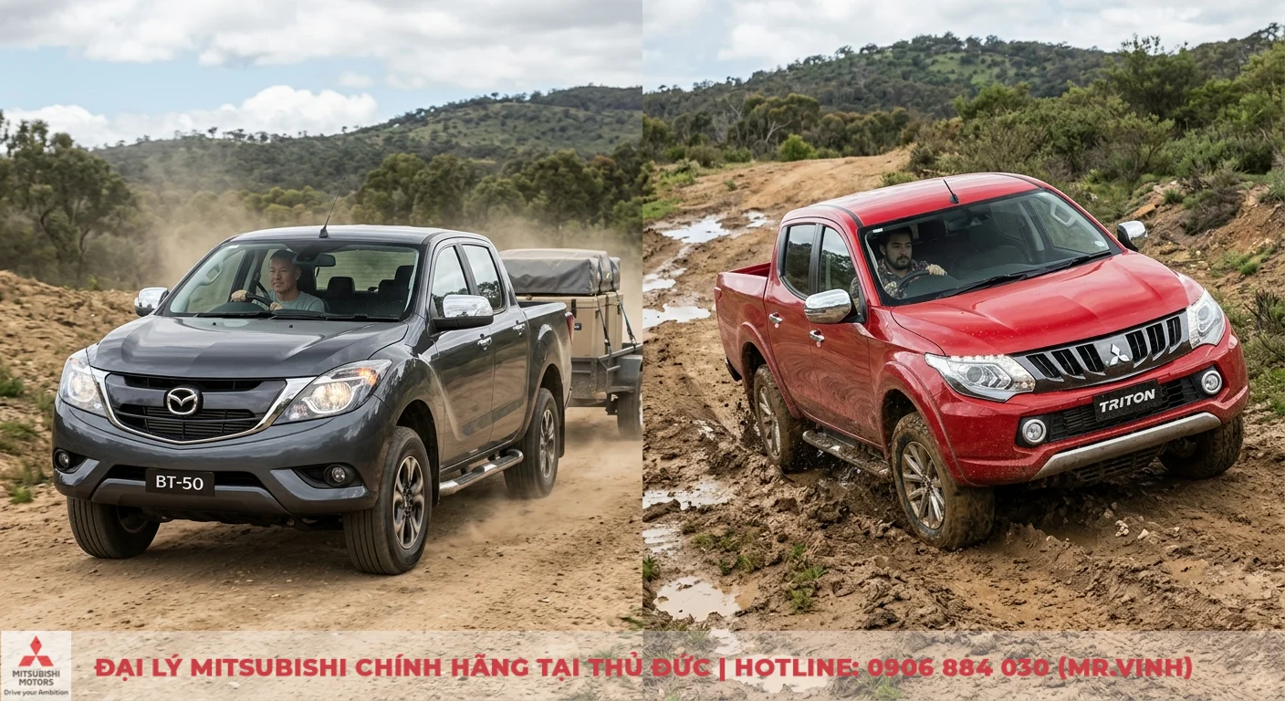 So sánh Mazda BT-50 và Mitsubishi Triton: Nên chọn bán tải nào? 2 Động cơ và khả năng vận hành: Mazda BT-50 trên đường đất cùng rơ-moóc và Mitsubishi Triton vượt địa hình bùn lầy