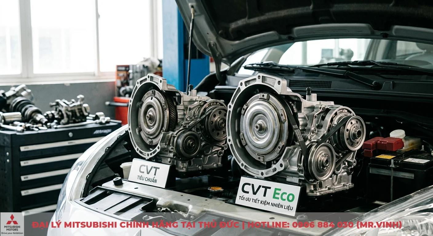 So sánh Mitsubishi Attrage CVT và CVT Eco - Công nghệ, hiệu năng có gì? 1 Attrage CVT và CVT Eco trưng bày hai bộ hộp số tiêu chuẩn và Eco, minh họa tối ưu hóa kỹ thuật để tiết kiệm nhiên liệu
