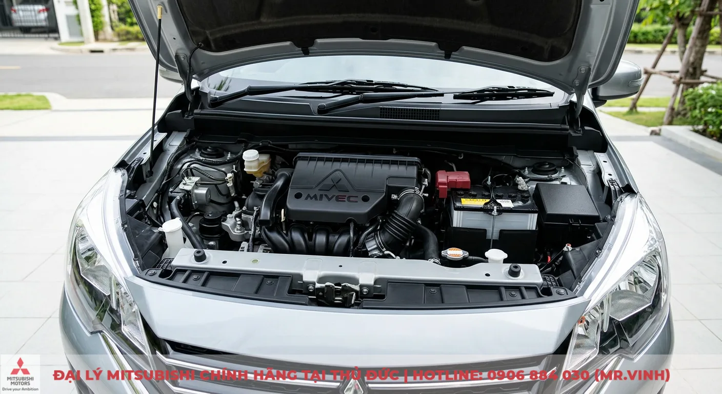 Mitsubishi Attrage và Accent: So sánh chi tiết & nên chọn xe nào? 2 Sức mạnh động cơ Attrage MIVEC 1.2L được thể hiện trong khoang máy, mang lại hiệu quả và bền bỉ