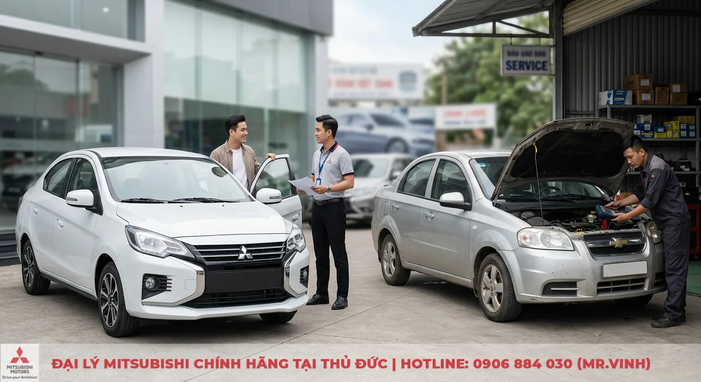 So sánh Mitsubishi Attrage và Chevrolet Aveo: Nên chọn xe mới hay cũ? 2 Đánh giá chi phí sở hữu và giá trị bán lại Attrage mới với Aveo cũ, thể hiện qua xe tại showroom và xe đang bảo dưỡng