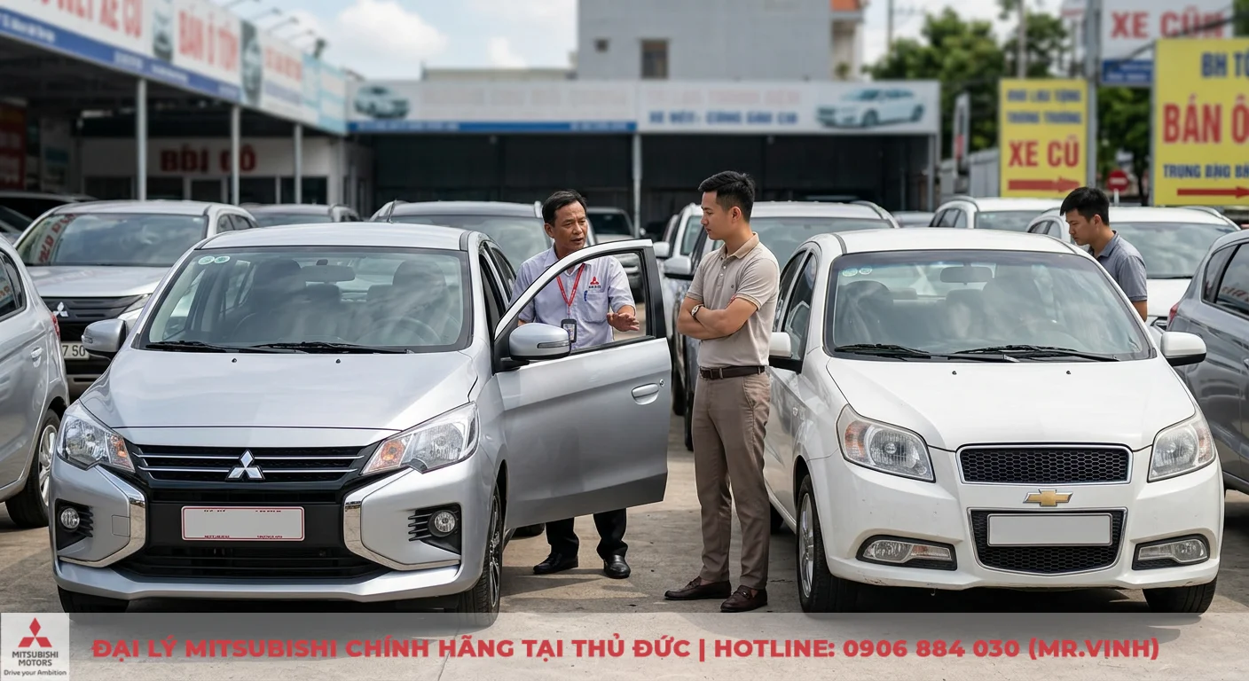 So sánh Mitsubishi Attrage và Chevrolet Aveo: Nên chọn xe mới hay cũ? 3 So sánh lựa chọn giữa Mitsubishi Attrage mới và Chevrolet Aveo đã qua sử dụng, với khách hàng đang xem xe và được tư vấn