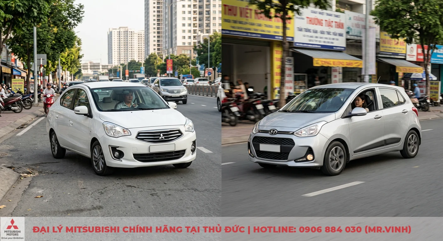 So sánh Mitsubishi Attrage và Hyundai Grand i10: Nên chọn xe nào? 2 Động cơ và vận hành Mitsubishi Attrage 1.2L MIVEC trắng cùng Hyundai Grand i10 1.2L Kappa MPI bạc đang lưu thông trên đường