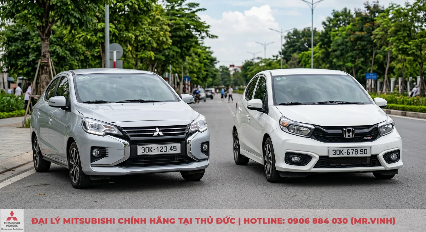 So sánh Mitsubishi Attrage và Honda Brio: Chọn xe nào phù hợp? 1 Mitsubishi Attrage màu bạc và Honda Brio màu trắng thể hiện sự thực dụng, tiết kiệm và thiết kế năng động, linh hoạt