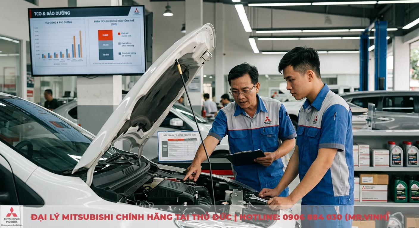 So sánh Mitsubishi Attrage và Honda Brio: Chọn xe nào phù hợp? 2 Phân tích chi phí sở hữu và bảo dưỡng xe, kỹ thuật viên Mitsubishi kiểm tra động cơ trước màn hình hiển thị TCO