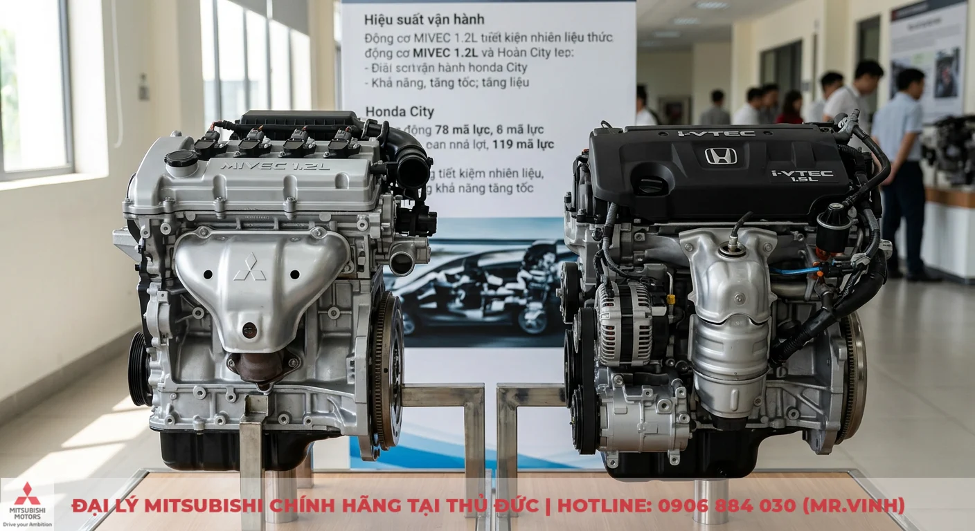 So sánh Mitsubishi Attrage và Honda City: Nên chọn xe nào? 2 Khối động cơ Mitsubishi MIVEC 1.2L và Honda i-VTEC 1.5L so sánh hiệu suất vận hành và công nghệ truyền động