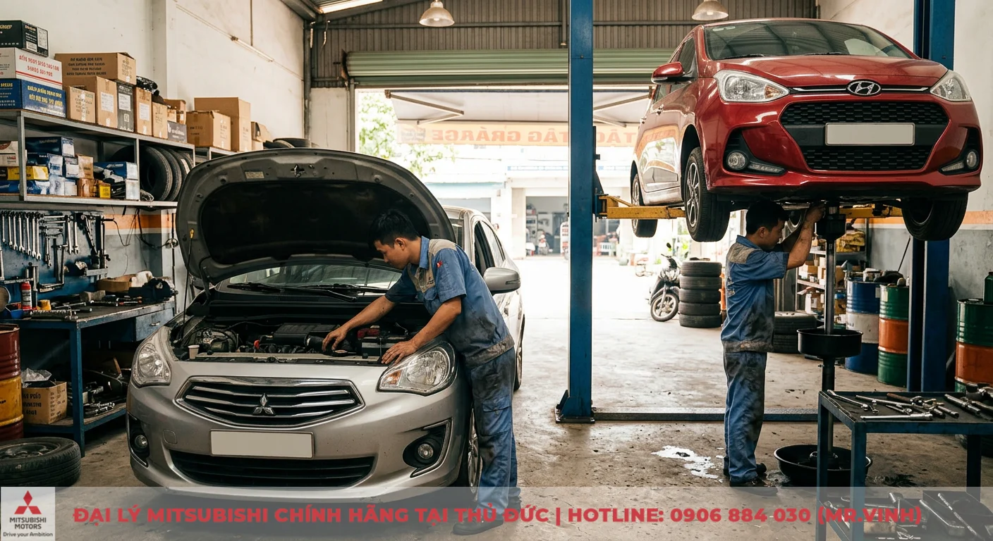 So sánh Mitsubishi Attrage và i10 Sedan: Lựa chọn nào tối ưu? 3 Độ bền bỉ và chi phí sửa chữa của Mitsubishi Attrage và Hyundai i10 khi thợ đang kiểm tra và bảo dưỡng