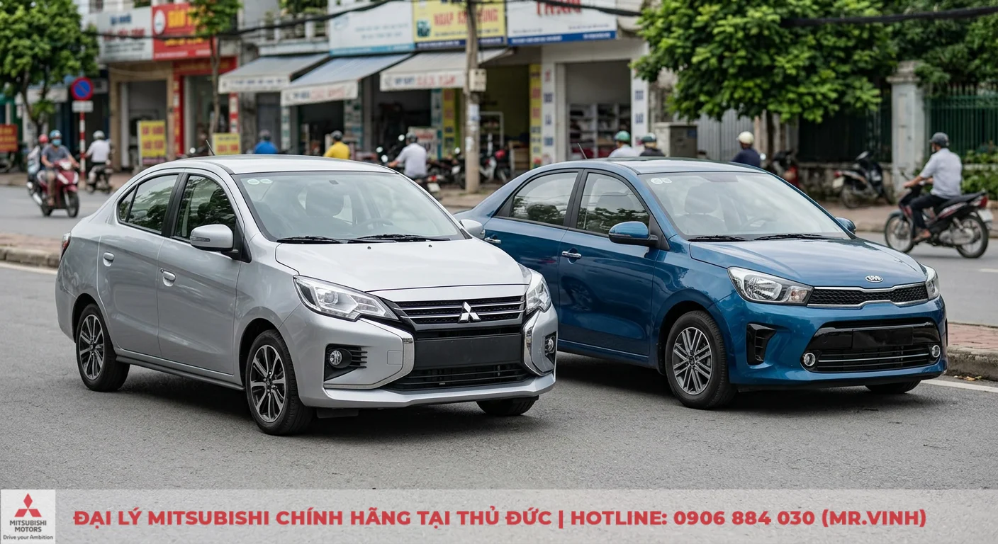 So sánh Mitsubishi Attrage và Kia Soluto: Đâu là lựa chọn tối ưu? 1 Mitsubishi Attrage màu bạc và Kia Soluto màu xanh lam, hai đối thủ sedan hạng B cạnh tranh về tính thực dụng và giá cả hợp lý