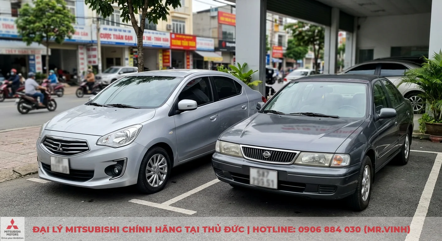 So sánh Mitsubishi Attrage và Nissan Sunny: Tư vấn chọn xe 1 Mitsubishi Attrage và Nissan Sunny, hai mẫu xe kinh tế và rộng rãi, đang đỗ cạnh nhau trên đường phố