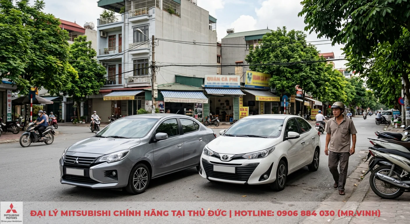 So sánh Mitsubishi Attrage và Toyota Vios: Xe nào tốt hơn? 1 Mitsubishi Attrage và Toyota Vios, hai đối thủ trực tiếp trong phân khúc sedan hạng B, với mẫu Attrage bạc và Vios trắng trên đường