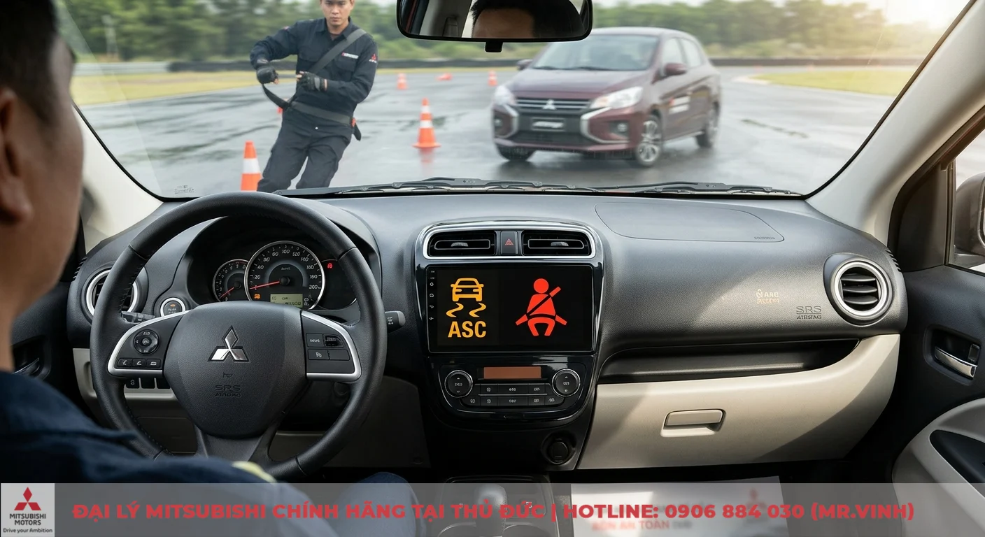 So sánh Mitsubishi Mirage và Attrage: Chọn sedan hay hatchback? 2 An toàn trên Mitsubishi Mirage và Attrage với hệ thống cân bằng điện tử ASC cùng cảnh báo thắt dây an toàn trên màn hình