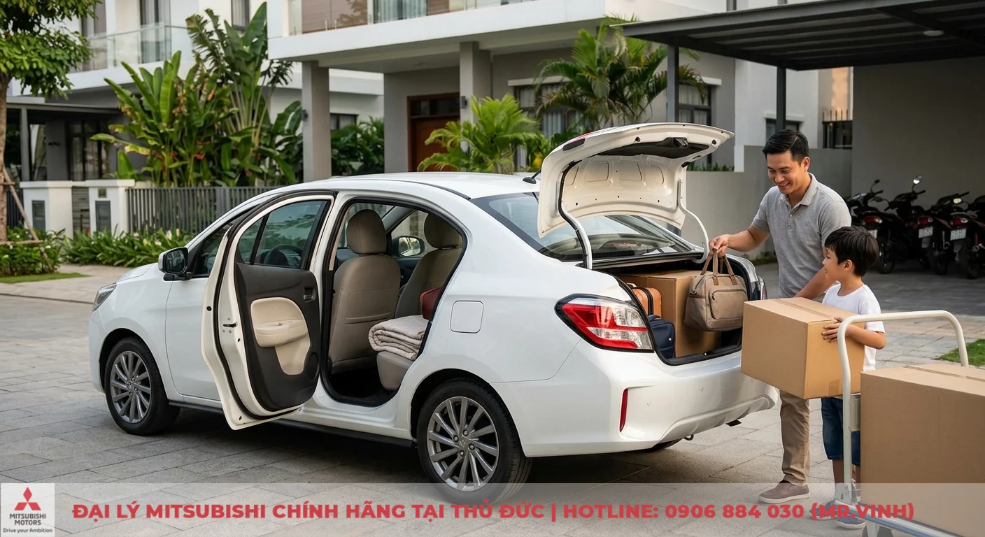 So sánh Mitsubishi Mirage và Attrage: Chọn sedan hay hatchback? 3 Mitsubishi Attrage phù hợp cho gia đình có nhu cầu chở đồ đạc thường xuyên, với cốp xe rộng rãi đang chất đầy hành lý và nội thất tiện nghi