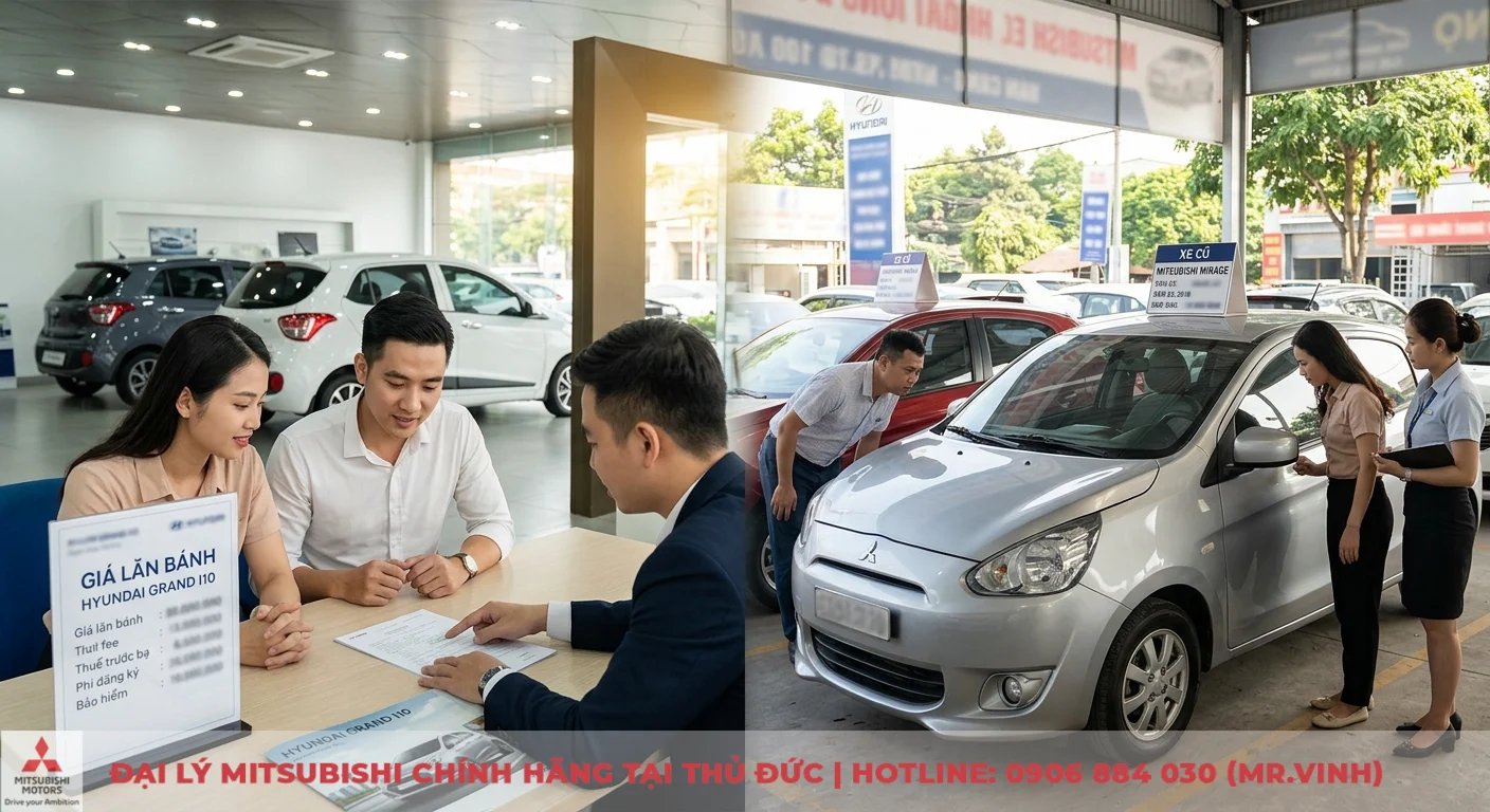 So sánh Mitsubishi Mirage và Hyundai Grand i10: Chọn xe nào phù hợp? 2 Giá bán xe mới và cũ cùng chi phí lăn bánh qua cảnh tư vấn Hyundai Grand i10 và khách xem xe Mitsubishi Mirage cũ