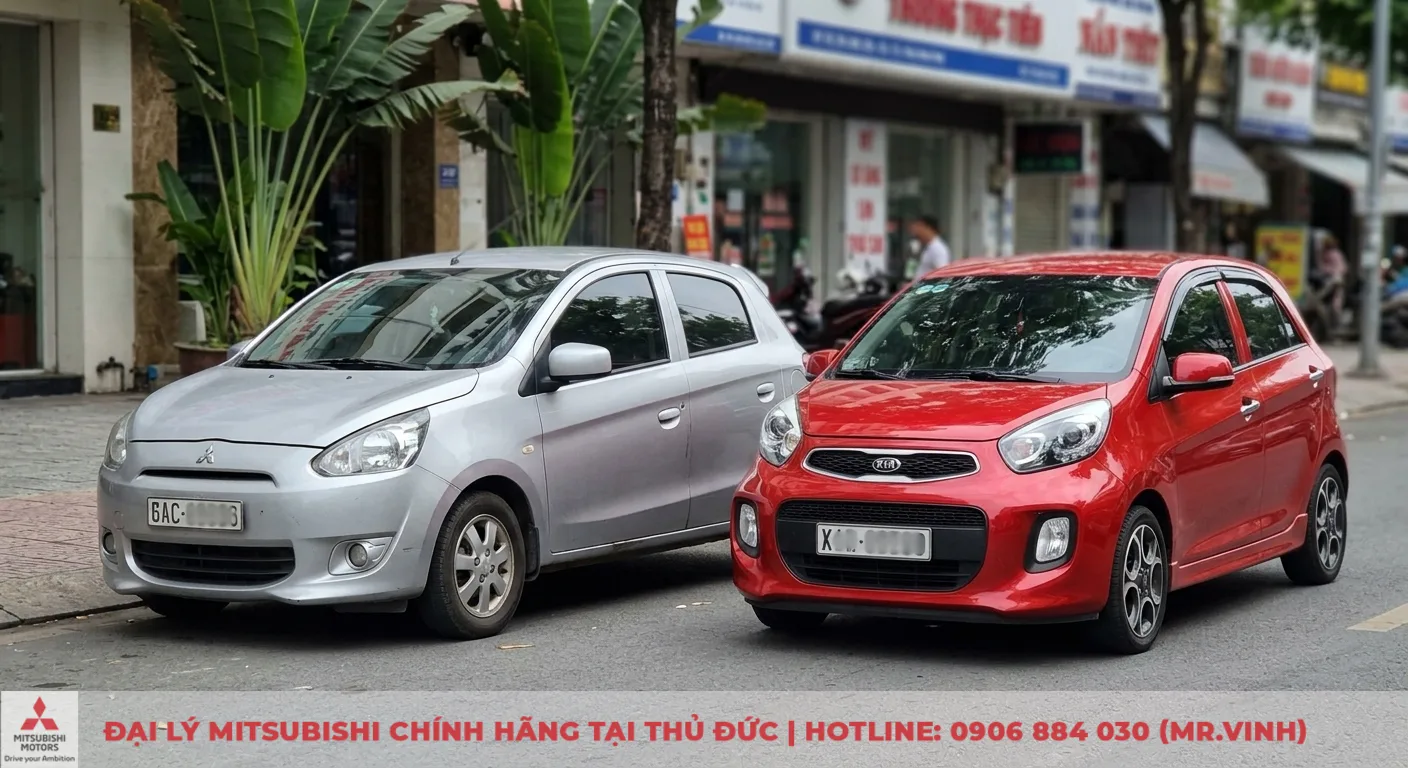 Mitsubishi Mirage & Kia Morning: So sánh chi tiết ưu nhược điểm 1 Mitsubishi Mirage màu bạc và Kia Morning màu đỏ, hai mẫu xe đô thị với đặc điểm bền bỉ, tiết kiệm và năng động, trẻ trung