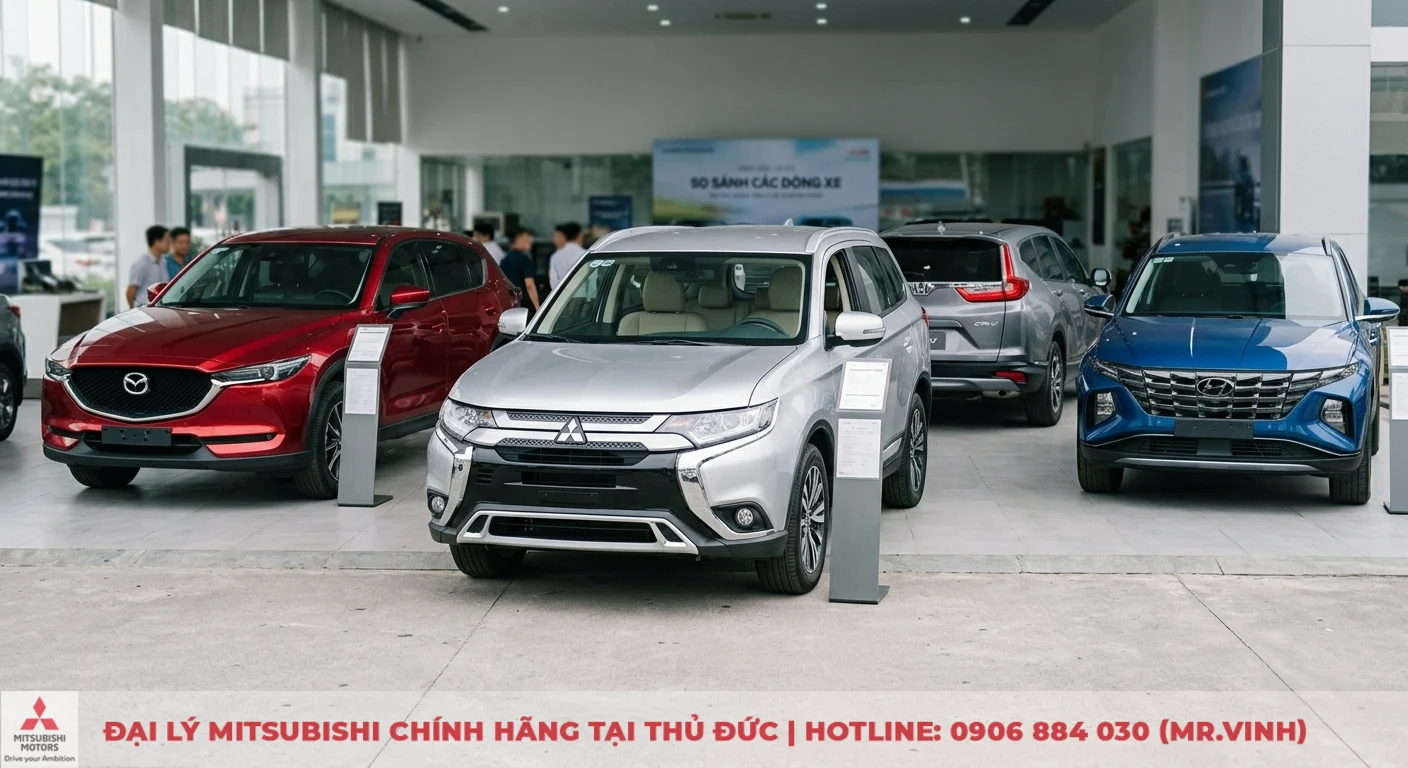 So sánh Mitsubishi Outlander: Chọn bản nào, nên mua hay không? 1 So sánh tổng quan Mitsubishi Outlander với các đối thủ Mazda CX-5, Hyundai Tucson, Honda CR-V trong showroom