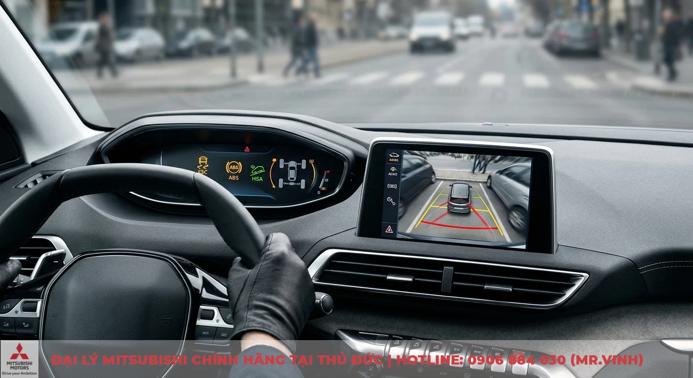 So sánh Mitsubishi Outlander 2.4 và Peugeot 5008: Động cơ, tiện nghi, chi phí 2 Trang bị an toàn và các công nghệ hỗ trợ lái nâng cao như ABS, HSA cùng camera 360 độ hỗ trợ đỗ xe hiển thị trên màn hình