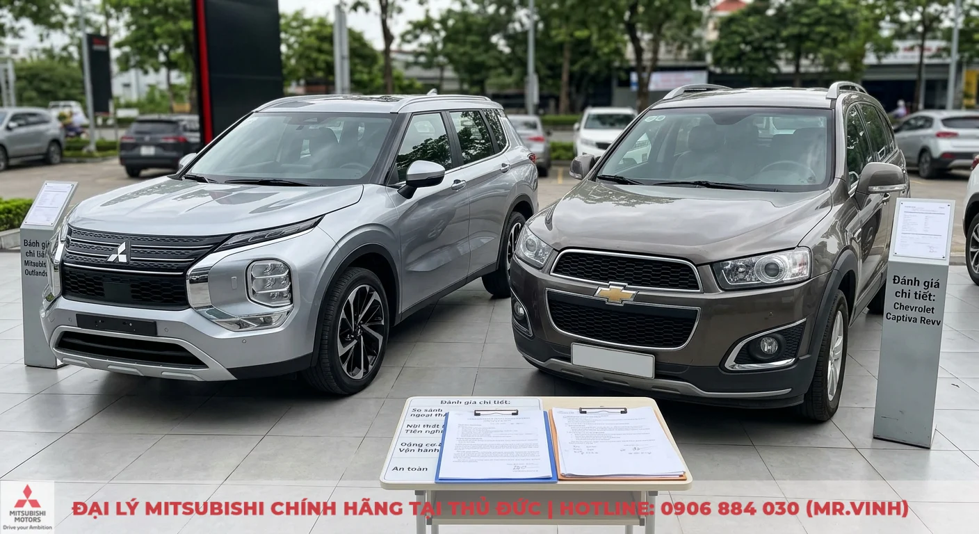 So sánh Mitsubishi Outlander và Captiva Revv: Ưu nhược điểm chi tiết 1 Đánh giá chi tiết Mitsubishi Outlander và Chevrolet Captiva Revv, hai mẫu SUV trưng bày để so sánh