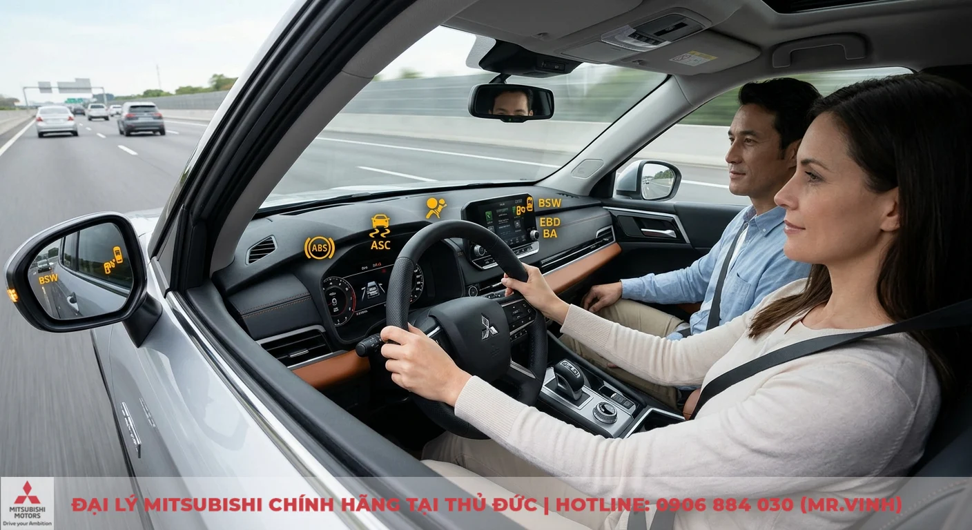 So sánh Mitsubishi Outlander và Captiva Revv: Ưu nhược điểm chi tiết 2 Tính năng an toàn tiên tiến của Mitsubishi Outlander như ABS, ASC, BSW hiển thị trên màn hình, gương chiếu hậu mang lại sự bảo vệ tối đa