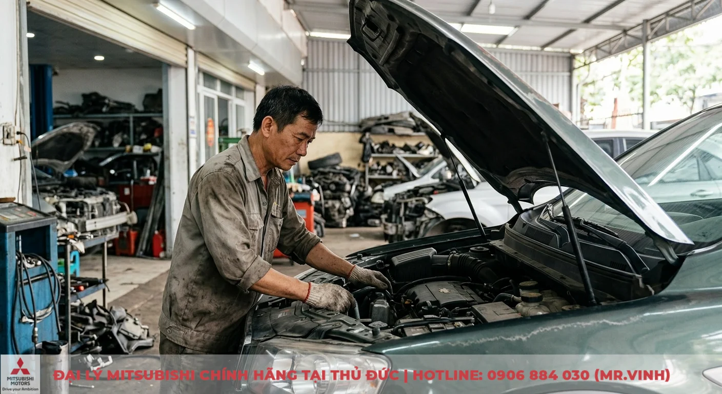 So sánh Mitsubishi Outlander và Captiva Revv: Ưu nhược điểm chi tiết 3 Chevrolet Captiva Revv: lựa chọn cho người không ngại sửa chữa, bảo dưỡng xe cũ khi thợ đang kiểm tra động cơ tại gara