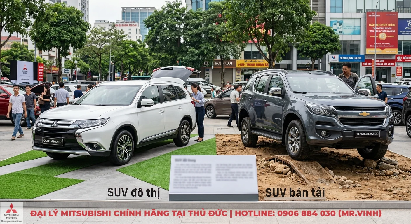So sánh Mitsubishi Outlander và Chevrolet Trailblazer: Chọn SUV đô thị hay bán tải? 1 Phân khúc SUV đô thị Outlander và SUV bán tải Trailblazer được trưng bày trên các bề mặt mô phỏng địa hình sử dụng