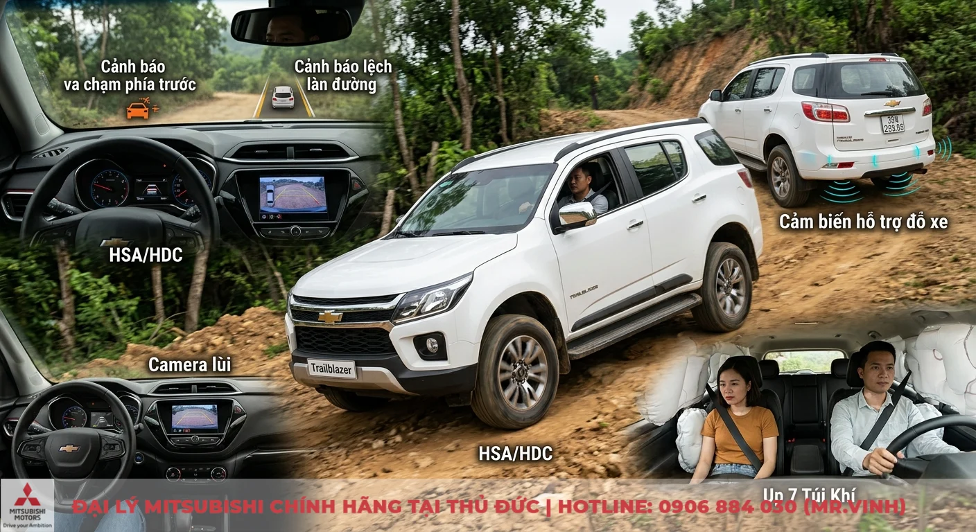 So sánh Mitsubishi Outlander và Chevrolet Trailblazer: Chọn SUV đô thị hay bán tải? 3 Công nghệ an toàn trên Chevrolet Trailblazer với HSA/HDC, cảnh báo va chạm, cảm biến đỗ xe và lên đến 7 túi khí đảm bảo an toàn