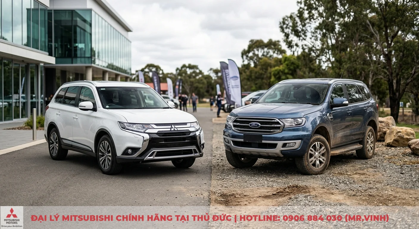 So sánh Mitsubishi Outlander và Ford Everest: SUV đô thị hay khung gầm rời? 1 Mitsubishi Outlander và Ford Everest thể hiện sự khác biệt giữa SUV đô thị trên đường nhựa và SUV địa hình trên đường sỏi