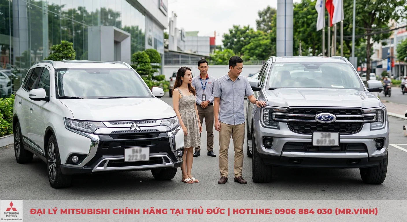 So sánh Mitsubishi Outlander và Ford Everest: SUV đô thị hay khung gầm rời? 3 Khách hàng so sánh Mitsubishi Outlander và Ford Everest tại showroom với sự hỗ trợ của nhân viên tư vấn