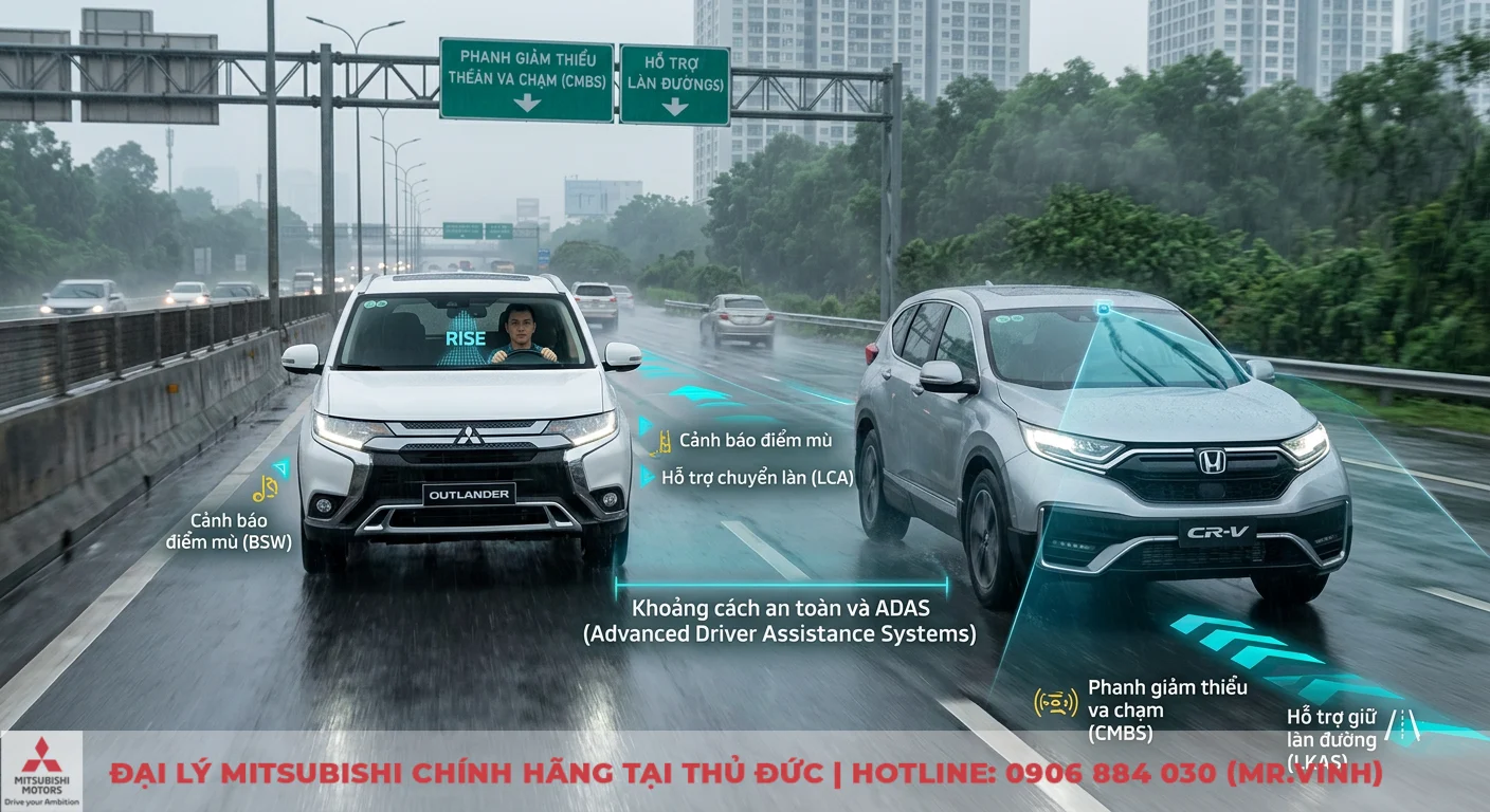 So sánh Mitsubishi Outlander và Honda CR-V: Điểm khác biệt & nên chọn xe nào? 2 Tính năng an toàn tối ưu của Outlander và CR-V với hệ thống hỗ trợ lái nâng cao (ADAS), như cảnh báo điểm mù và phanh giảm thiểu va chạm