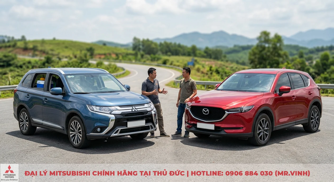 So sánh Mitsubishi Outlander và Mazda CX-5: Chọn xe nào phù hợp? 1 Mitsubishi Outlander xanh và Mazda CX-5 đỏ, hai mẫu SUV phổ biến được giới thiệu tổng quan trên đường