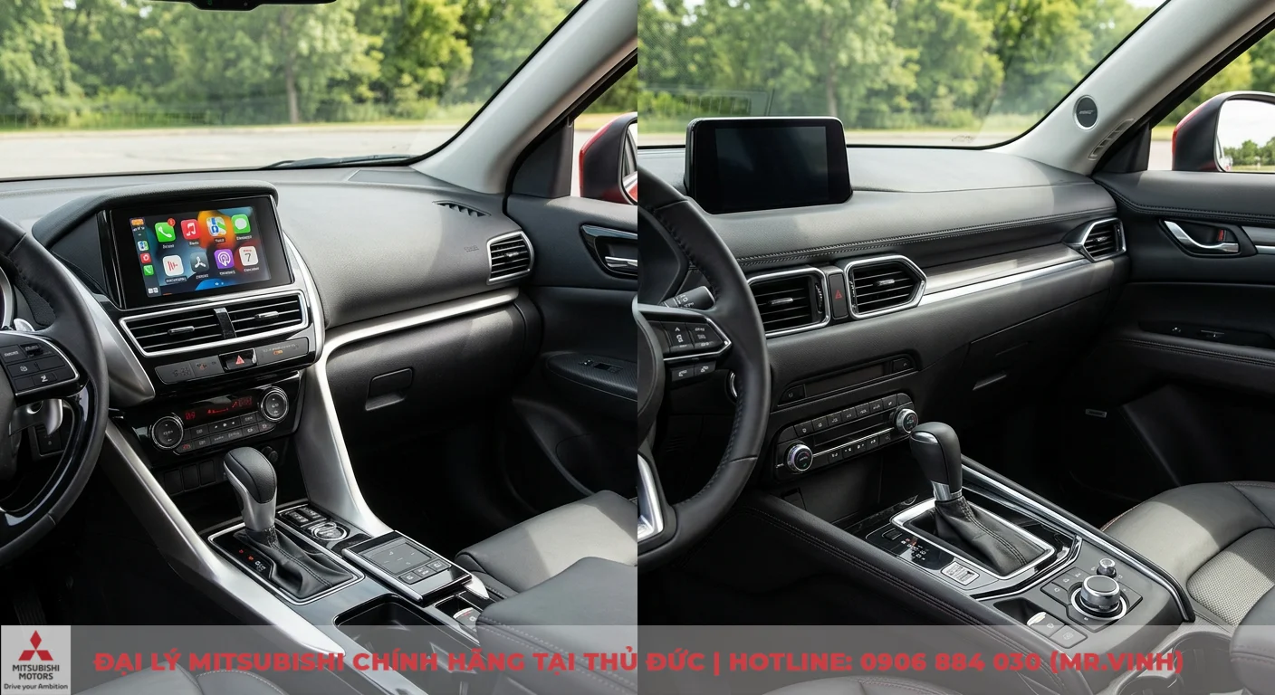 So sánh Mitsubishi Outlander và Mazda CX-5: Chọn xe nào phù hợp? 2 Trang bị tiện nghi và công nghệ giải trí trên xe với màn hình trung tâm, núm xoay Commander Control CX-5, hệ thống âm thanh Bose