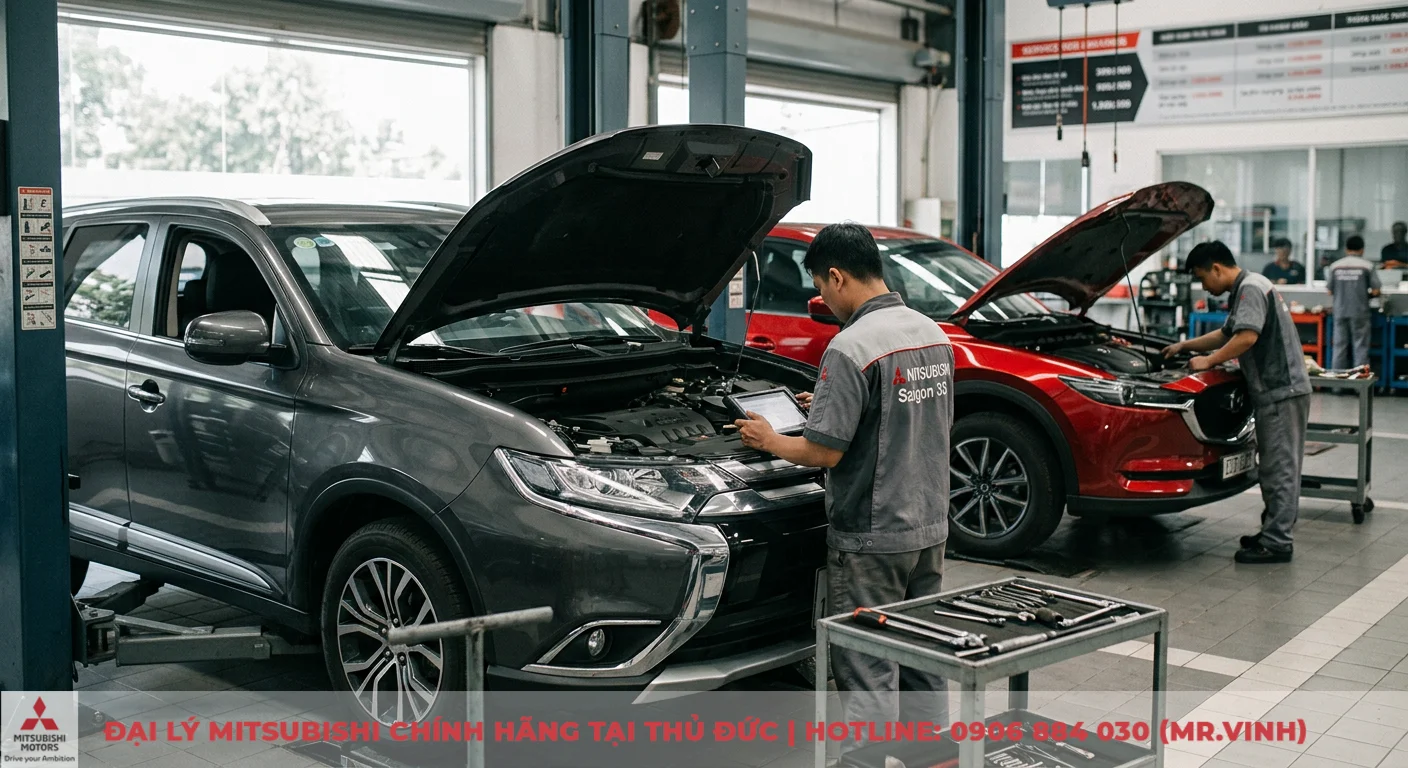 So sánh Mitsubishi Outlander và Mazda CX-5: Chọn xe nào phù hợp? 3 Chi phí bảo dưỡng và tiêu thụ nhiên liệu là yếu tố quan trọng khi so sánh xe Outlander và CX-5, thợ kỹ thuật Mitsubishi Saigon 3S đang kiểm tra xe trong xưởng