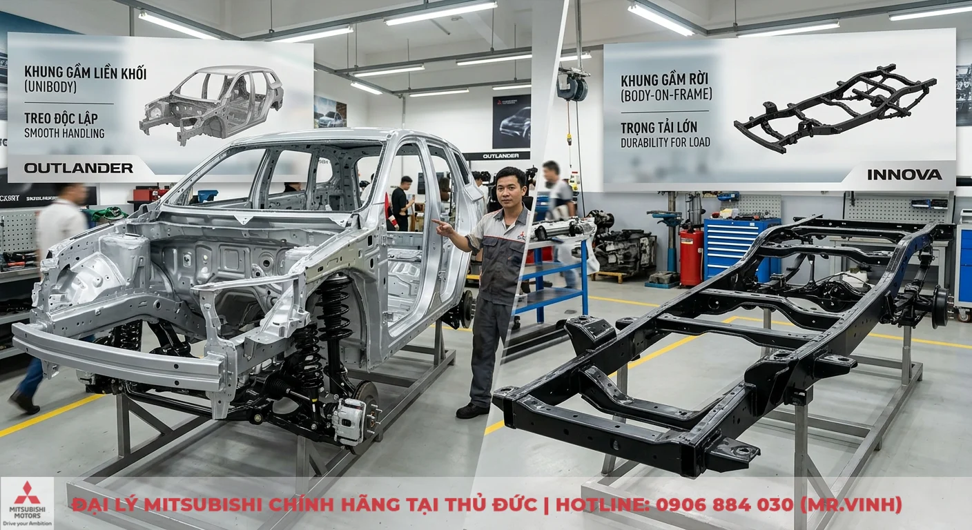 So sánh Outlander và Innova: Ưu nhược điểm, nên chọn xe nào? 2 Hệ thống treo và khung gầm: Outlander với khung liền khối êm ái, còn Innova khung rời bền bỉ, chịu tải tốt