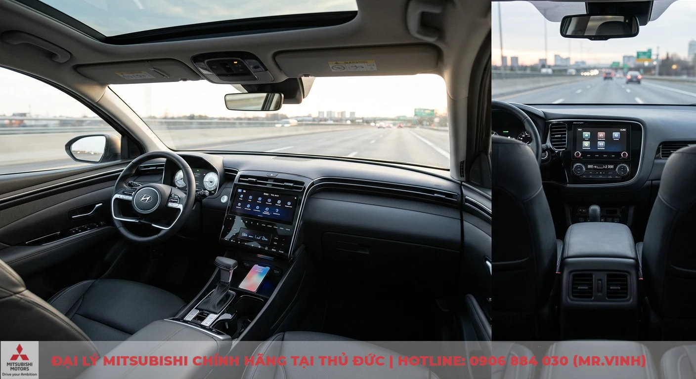So sánh Mitsubishi Outlander và Hyundai Tucson: Chọn SUV/CUV nào tại Saigon? 2 Hệ thống thông tin giải trí và tiện ích trên Hyundai Tucson với màn hình lớn, sạc không dây và cửa sổ trời toàn cảnh