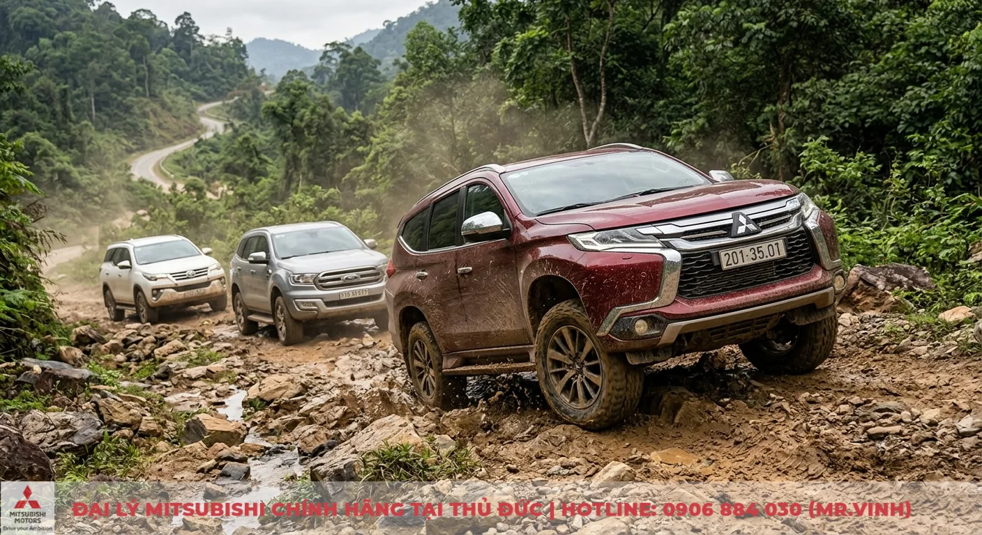 So sánh Mitsubishi Pajero Sport: Everest hay Fortuner đáng tiền hơn? 2 Động cơ và vận hành mạnh mẽ, khả năng off-road của Pajero Sport, Everest, Fortuner trên đường núi đá lầy lội