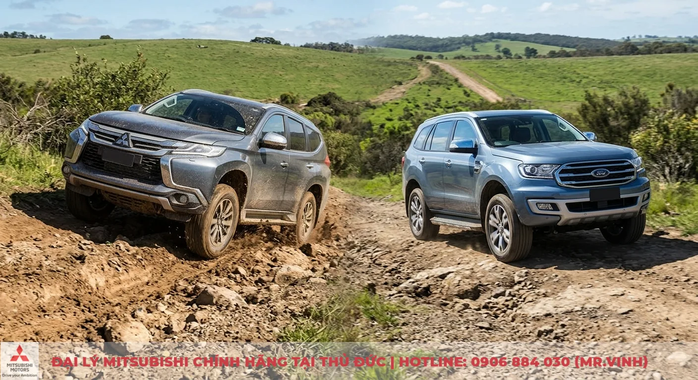 So sánh Mitsubishi Pajero Sport và Ford Everest: Đánh giá chuyên sâu 2 Động cơ và khả năng vận hành: Pajero Sport đang vượt địa hình bùn lầy khó trong khi Everest di chuyển trên đường đất