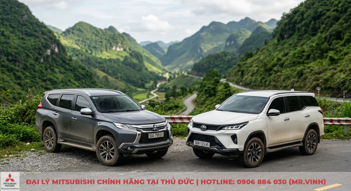 So sánh Mitsubishi Pajero Sport và Fortuner: Nên chọn xe nào? 1 Mitsubishi Pajero Sport và Toyota Fortuner, hai đối thủ SUV 7 chỗ khung gầm rời, vững chãi trên địa hình đồi núi