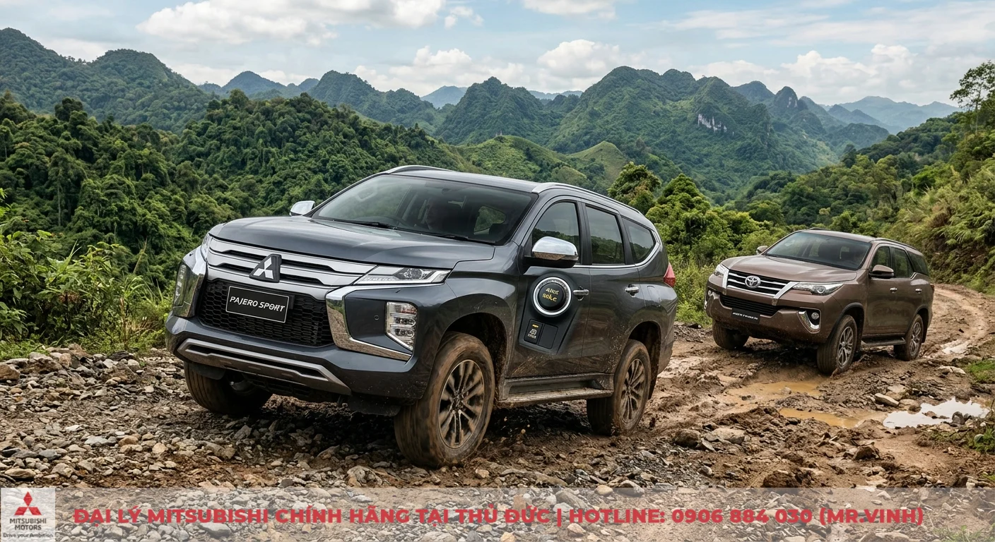 So sánh Mitsubishi Pajero Sport và Fortuner: Nên chọn xe nào? 2 Động cơ, vận hành và hệ thống truyền động của Mitsubishi Pajero Sport và Toyota Fortuner trên địa hình off-road bùn lầy, sỏi đá
