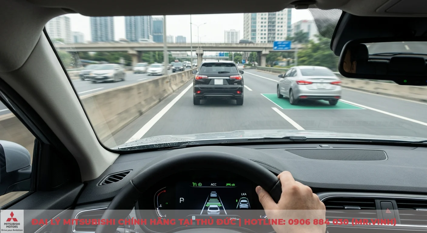 So sánh Mitsubishi Pajero Sport và Santa Fe: Nên chọn SUV nào? 2 Trang bị an toàn và công nghệ hỗ trợ lái tiên tiến với ACC và LKA hiển thị trên màn hình táp lô của xe trên đường cao tốc