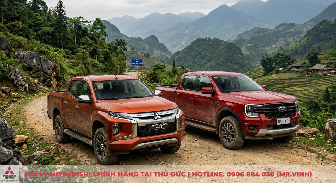 So sánh Mitsubishi Triton và Ford Ranger: Chọn bán tải nào phù hợp? 1 Mitsubishi Triton và Ford Ranger, hai mẫu bán tải mạnh mẽ, đứng trên con đường đất gồ ghề giữa núi non
