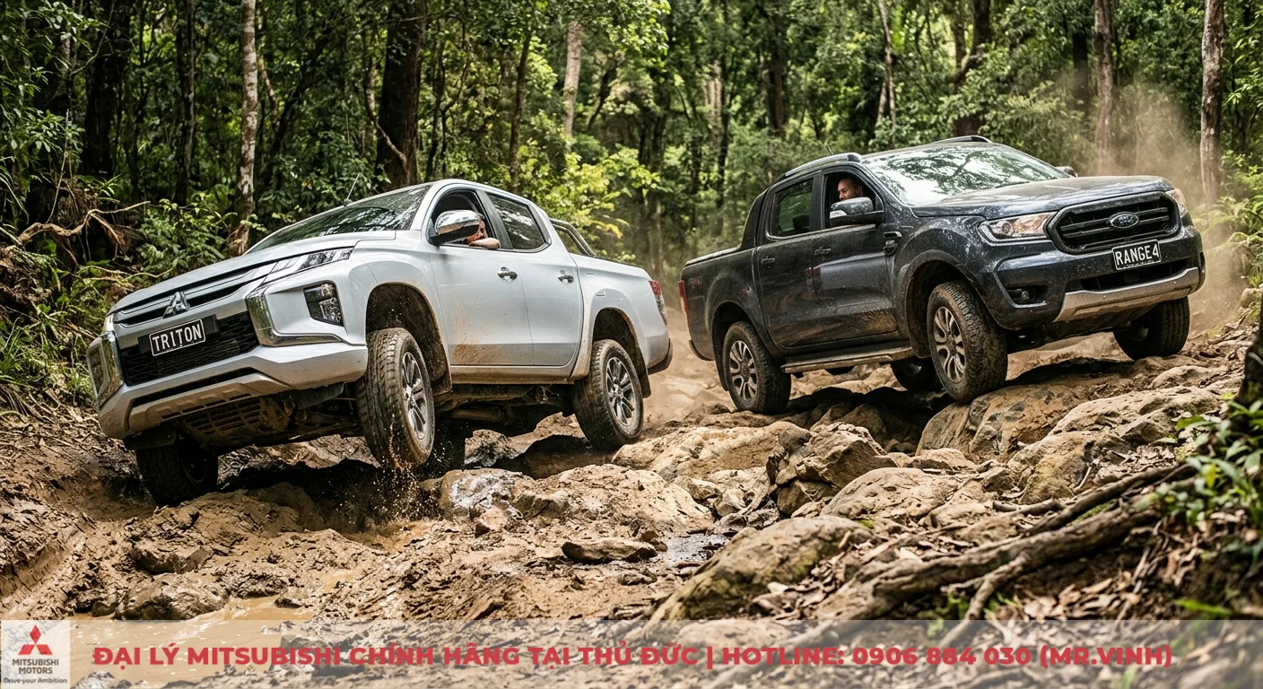 So sánh Mitsubishi Triton và Ford Ranger: Chọn bán tải nào phù hợp? 2 Khung gầm, hệ thống treo và khả năng vận hành off-road vượt trội của Mitsubishi Triton và Ford Ranger trên địa hình đá sỏi và bùn lầy