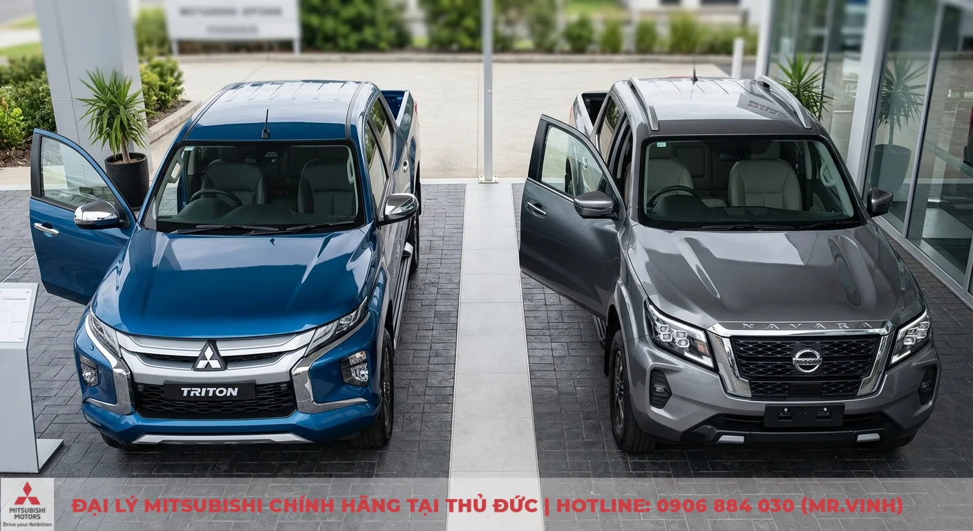 So sánh Mitsubishi Triton và Nissan Navara: Cập nhật 2026 1 So sánh thiết kế ngoại thất Dynamic Shield hiện đại của Mitsubishi Triton và vẻ bền bỉ của Nissan Navara, cùng nội thất hai xe bán tải trưng bày