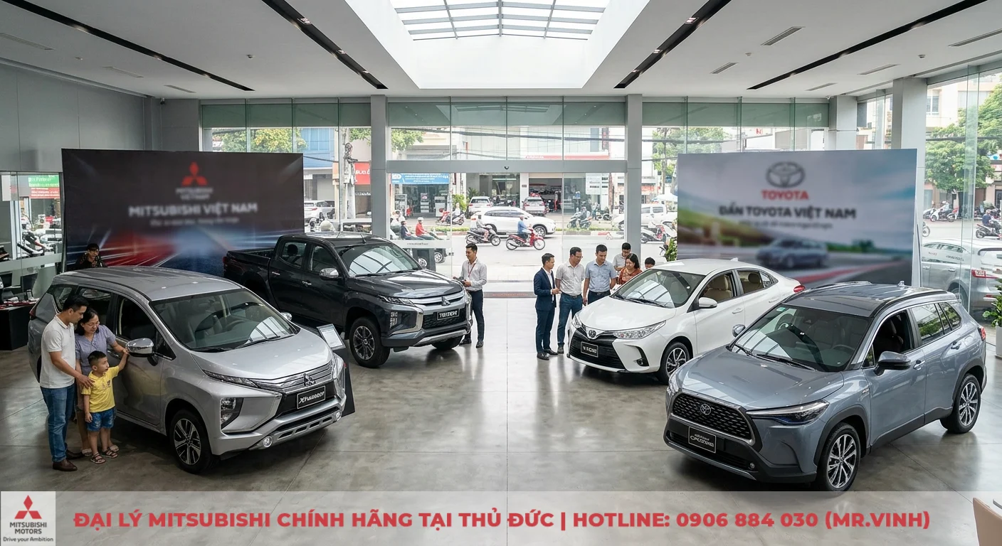 So sánh Mitsubishi và Toyota: Ưu nhược điểm, nên mua xe nào? 1 Mitsubishi và Toyota tại Việt Nam trưng bày các dòng xe chủ lực, thể hiện sự đa dạng sản phẩm và định vị thương hiệu