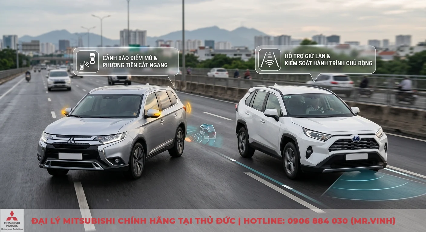 So sánh Mitsubishi và Toyota: Ưu nhược điểm, nên mua xe nào? 2 Tính năng an toàn và công nghệ hỗ trợ lái trên xe Mitsubishi và Toyota với cảnh báo điểm mù, giữ làn, kiểm soát hành trình chủ động